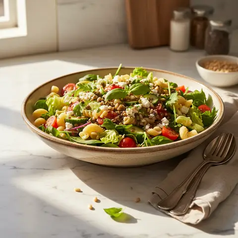 Gemischter Salat mit Nudeln und Linsen