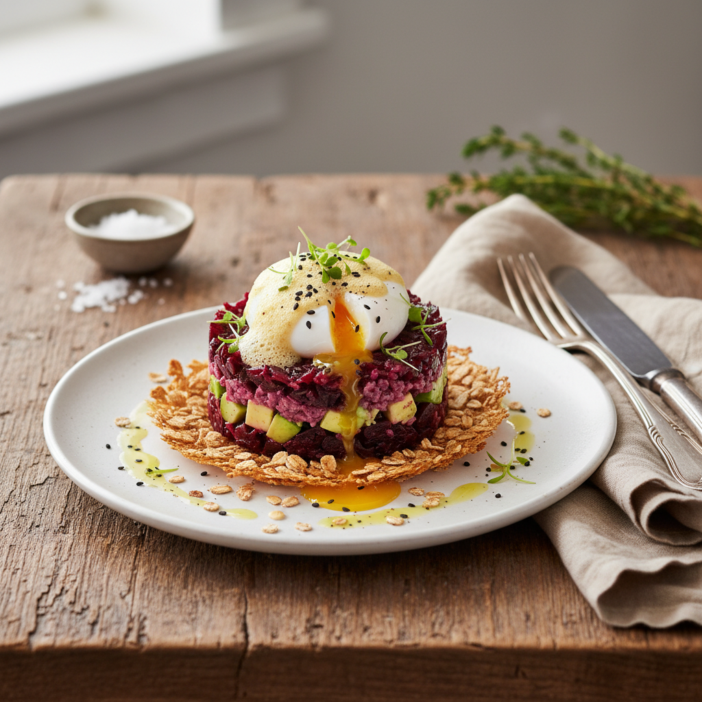 Tartare de Betterave et Avocats, Œufs Pochés en Nid de Flocons