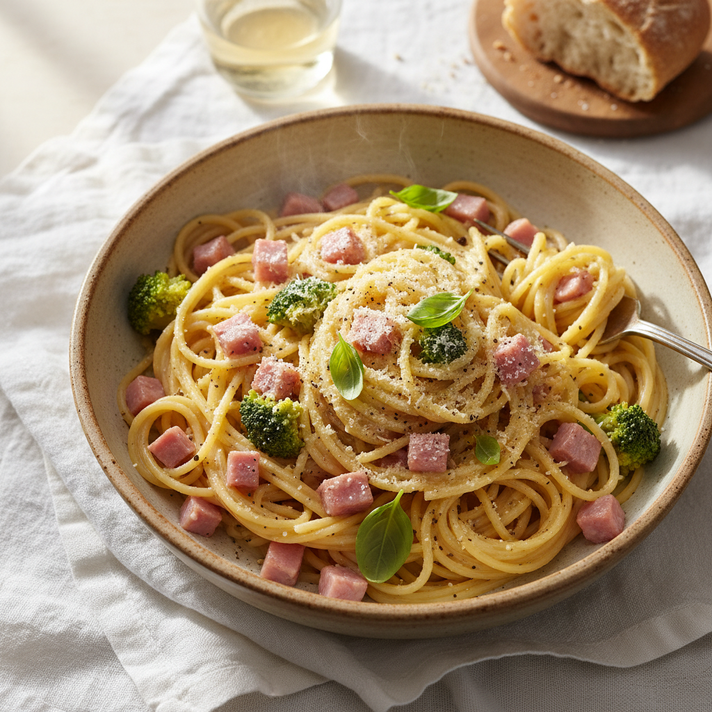 Pâtes à la carbonara avec jambon et brocoli