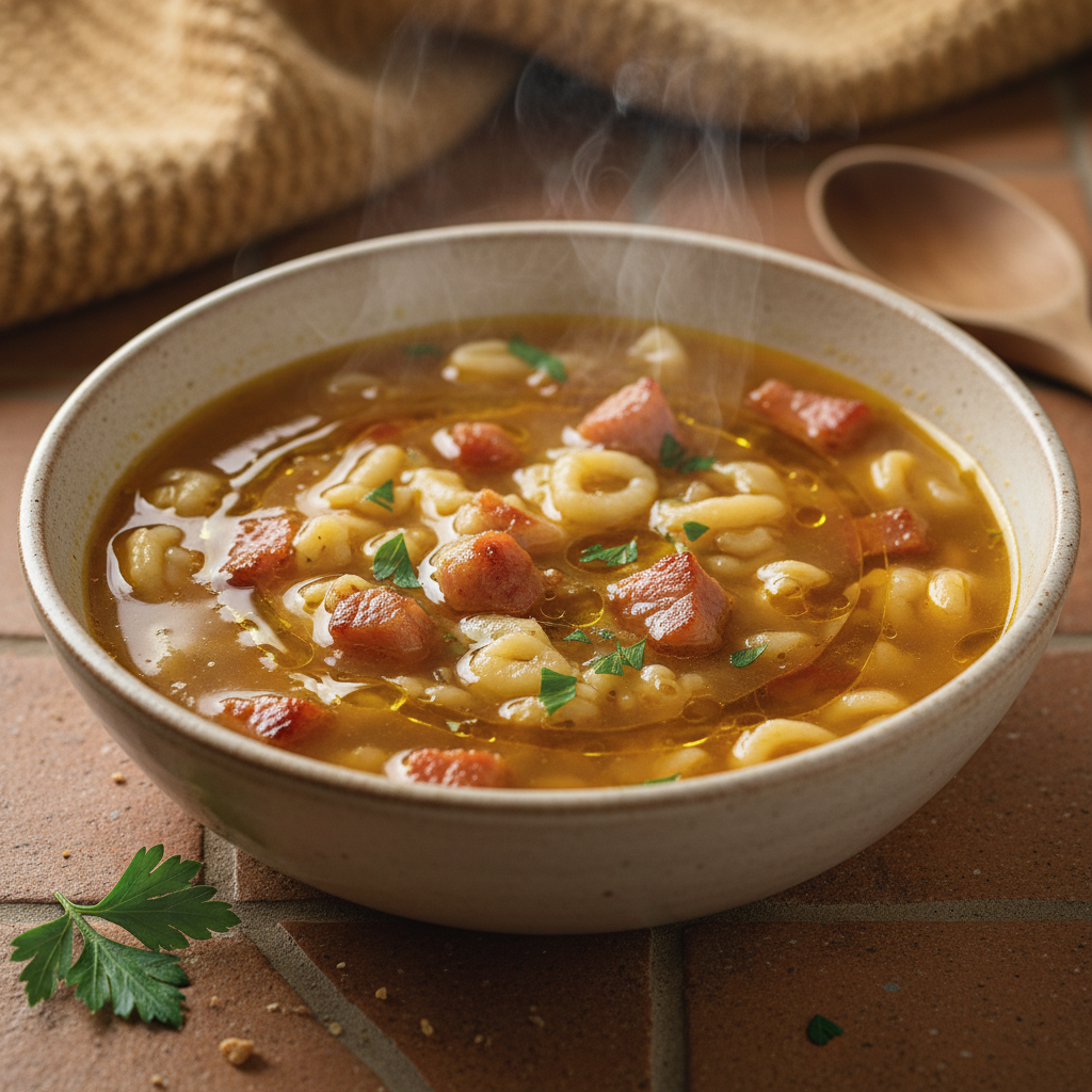 Soupe de pâtes au jambon et huile