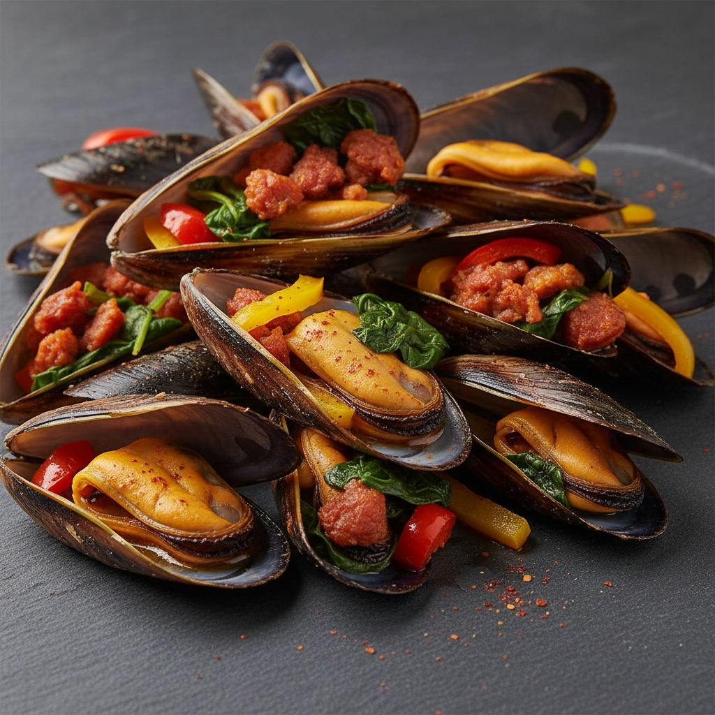 Moules rôties au chorizo et épinards