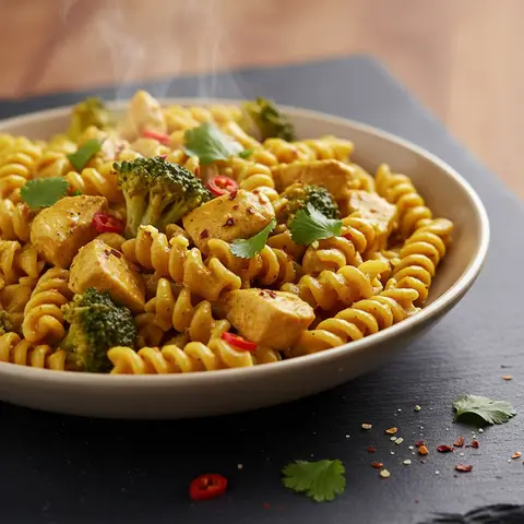 Nudeln mit Curry-Hähnchen und Brokkoli