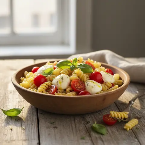 Warm Pasta Salad with Tomatoes and Mozzarella