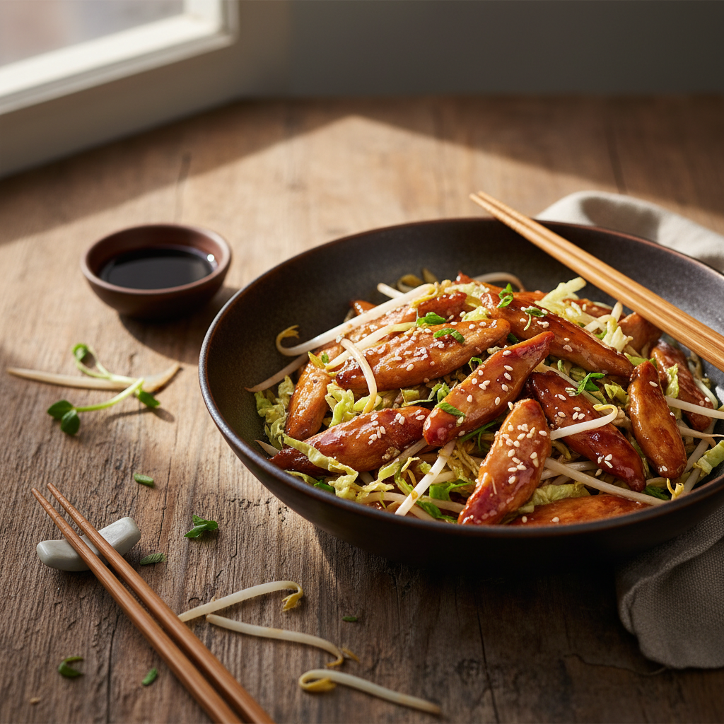 Canard laque express au wok et pousses de soja