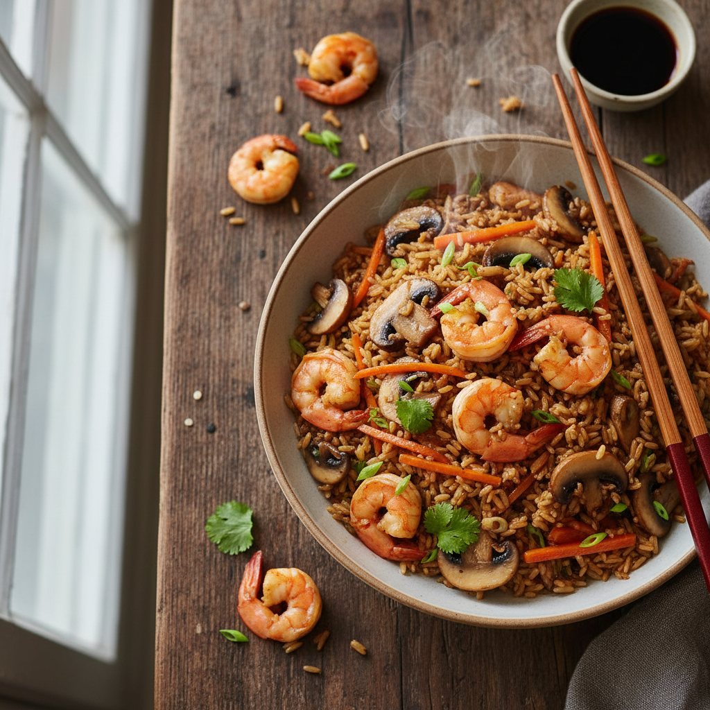 Riz Sauté aux Crevettes et Champignons