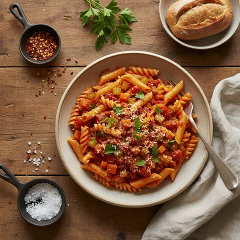 Nudeln mit gebratenes Gemüse und Tomate