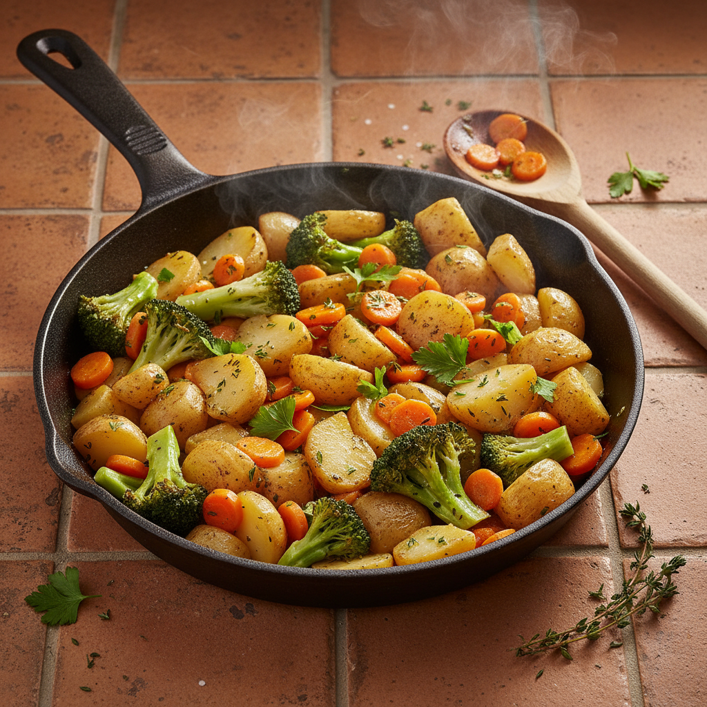 Poêlée de pommes de terre, brocoli et carotte