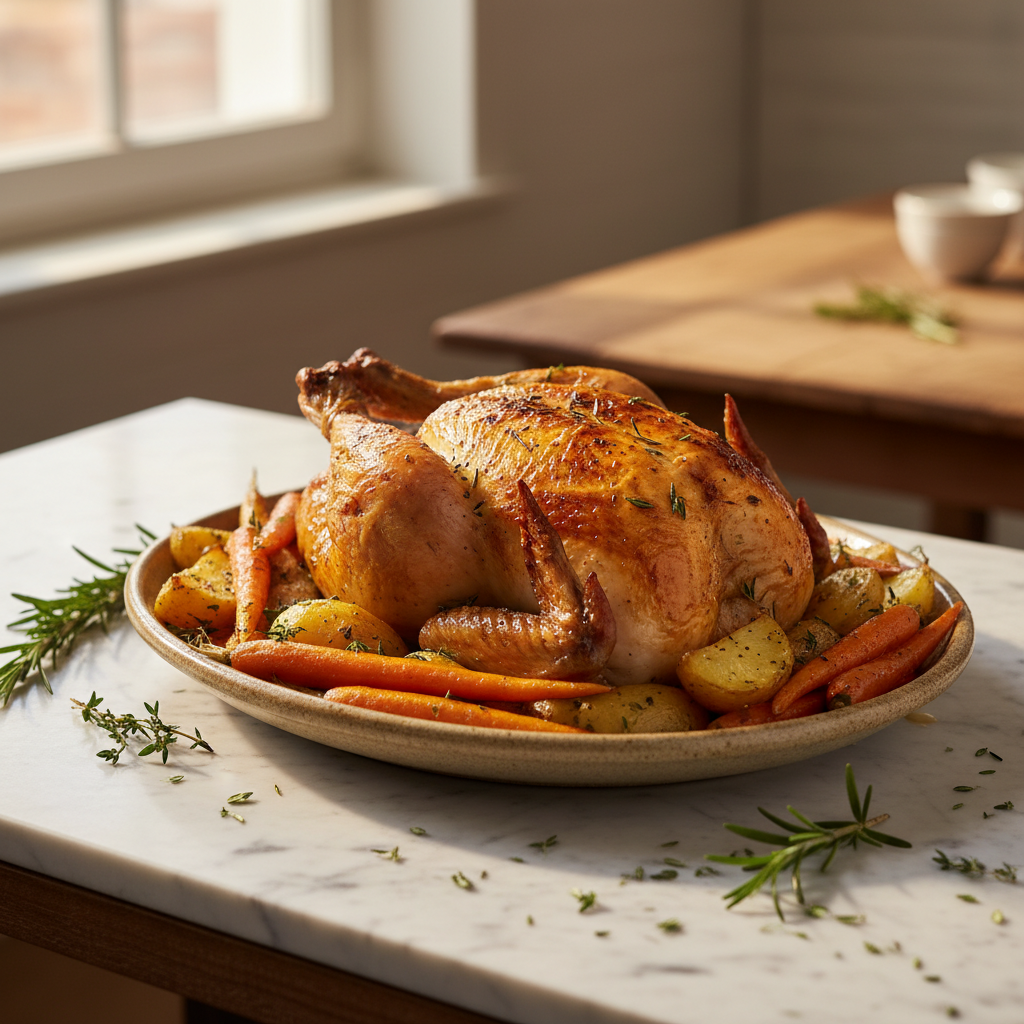 Poulet rôti aux carottes et pommes de terre