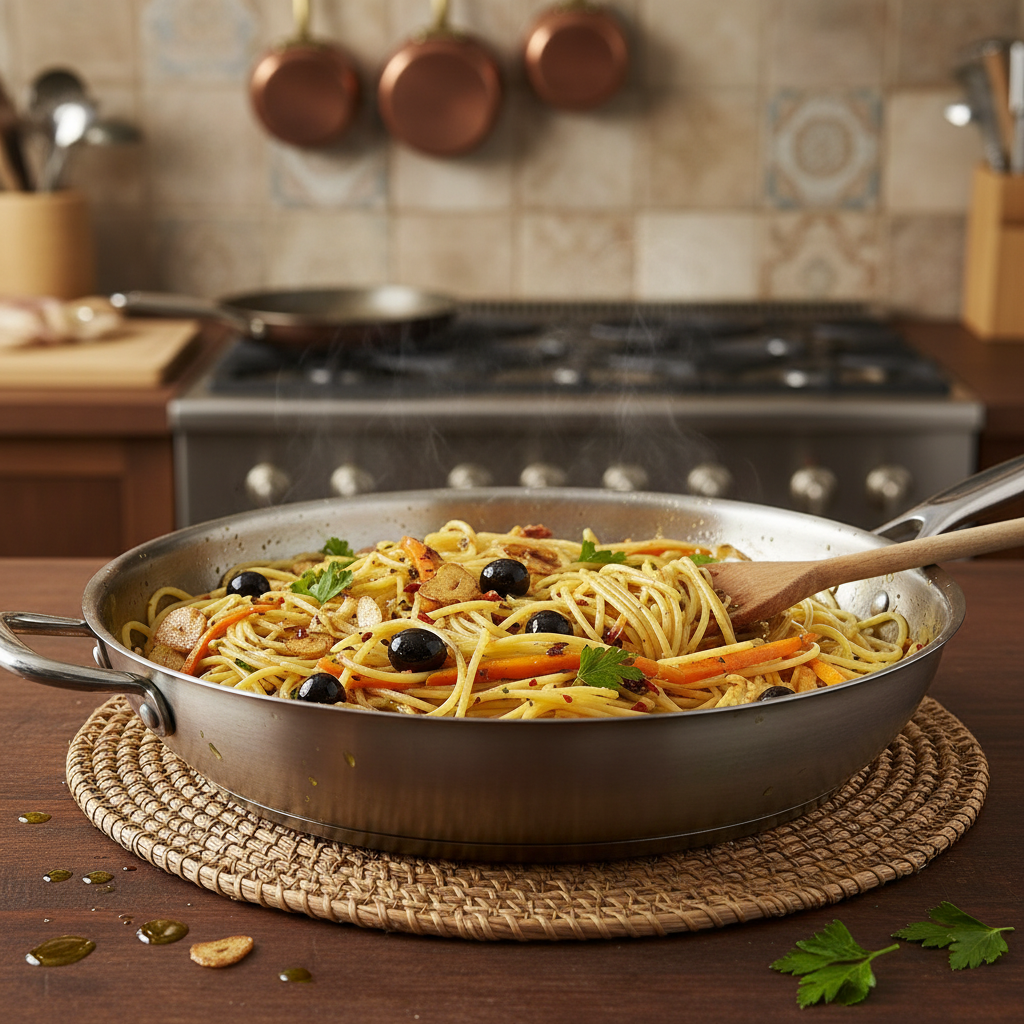 Spaghettis aglio e olio aux olives