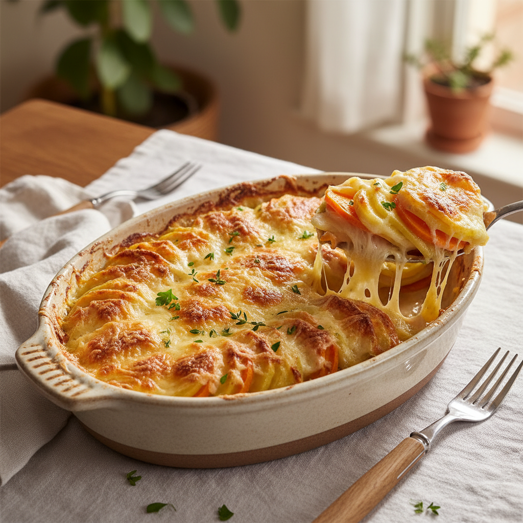 Gratin de pommes de terre et carottes au Gruyère