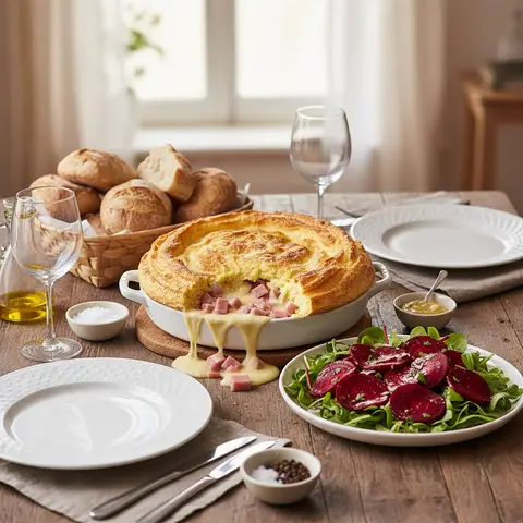 Cheese and Ham Soufflé Omelette with Beet Salad