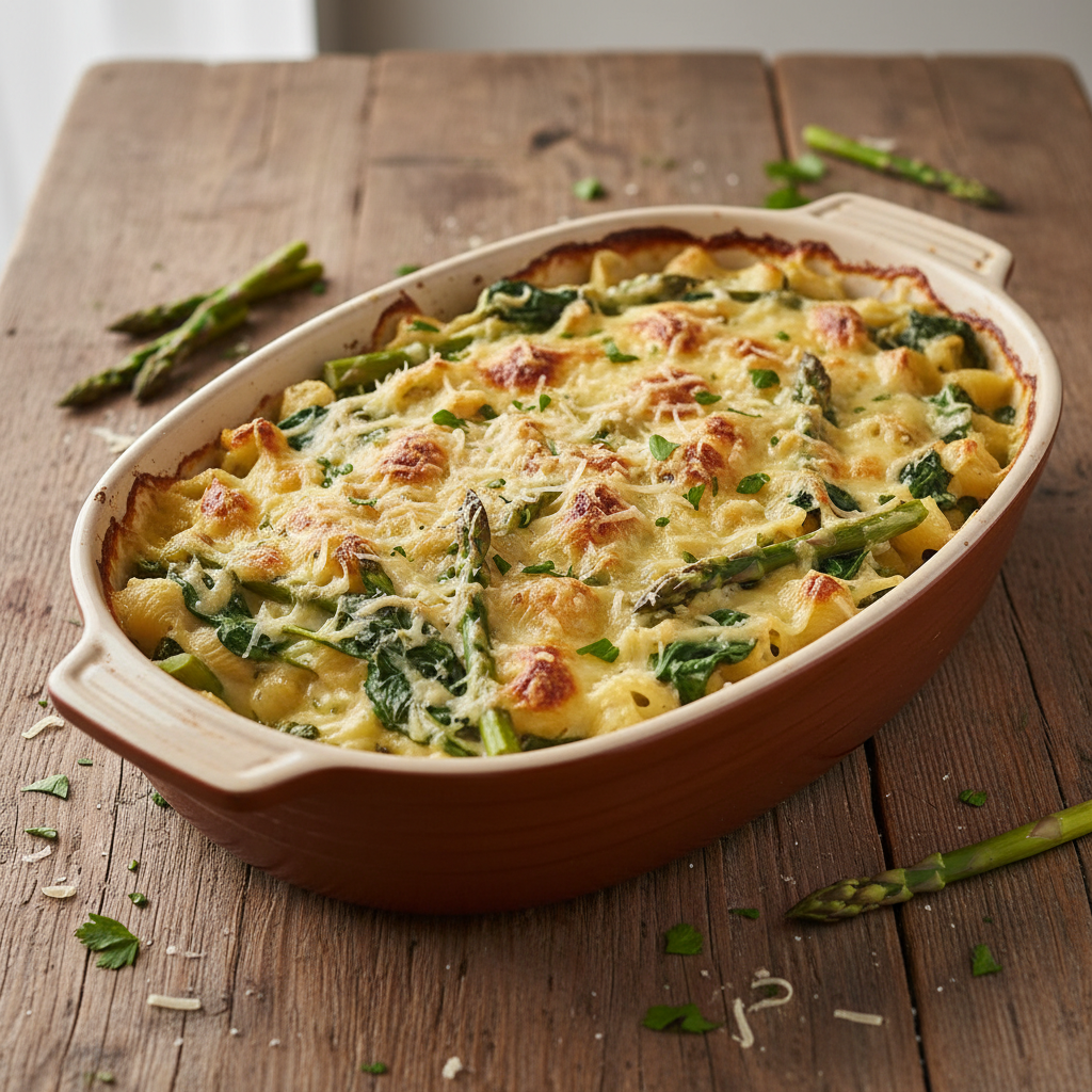 Gratin de pâtes asperges-épinards au fromage