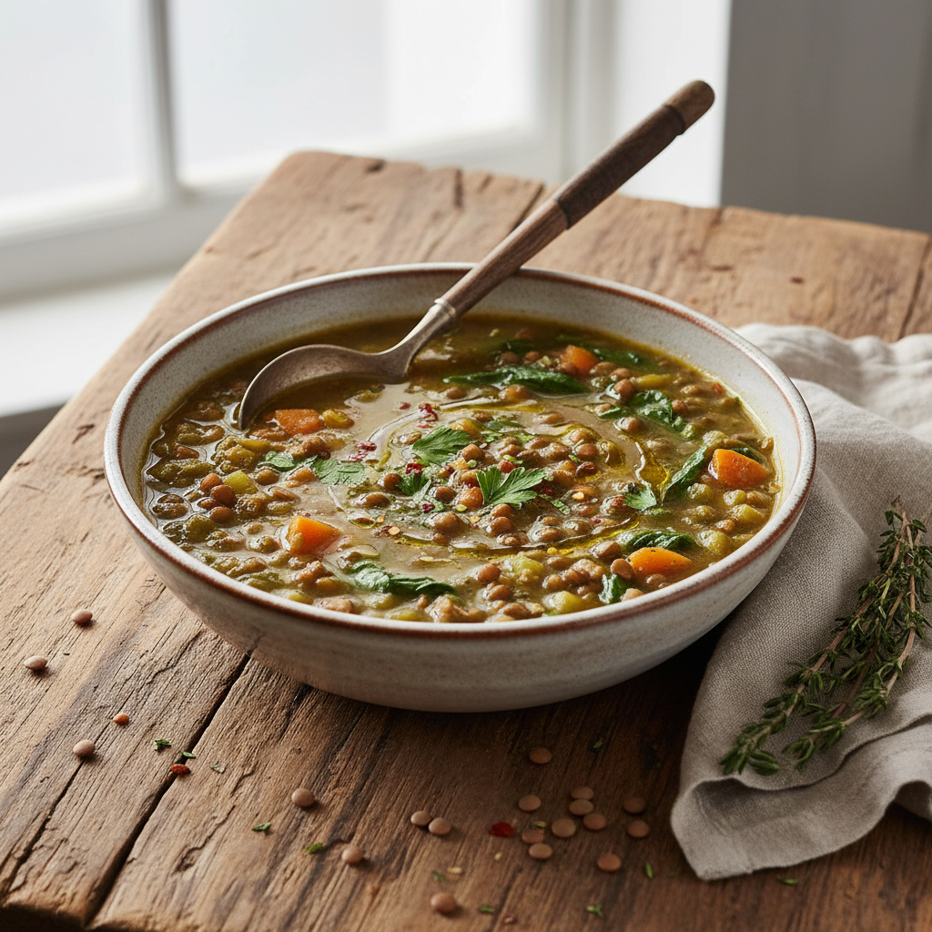 Soupe de lentilles et épinards