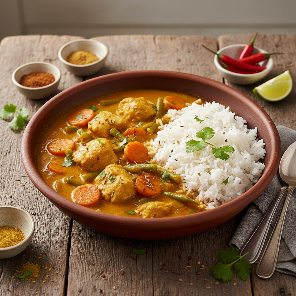 Curry de poisson avec riz et légumes