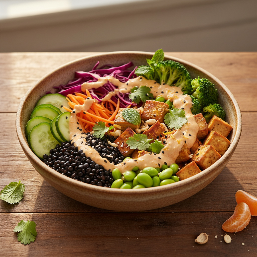 Buddha Bowl Asiatique aux Lentilles Noires et Sauce Cacahuète-Clémentine