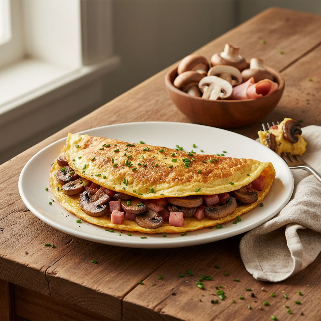 Omelette garnie champignons et jambon
