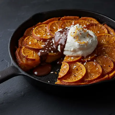 Süßkartoffel-Orangen-Tarte Tatin mit Schokoladen- und Kokos-Ganache