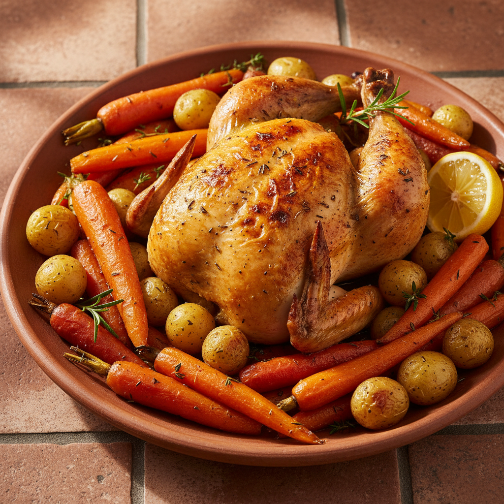 Poulet rôti aux carottes et pommes de terre