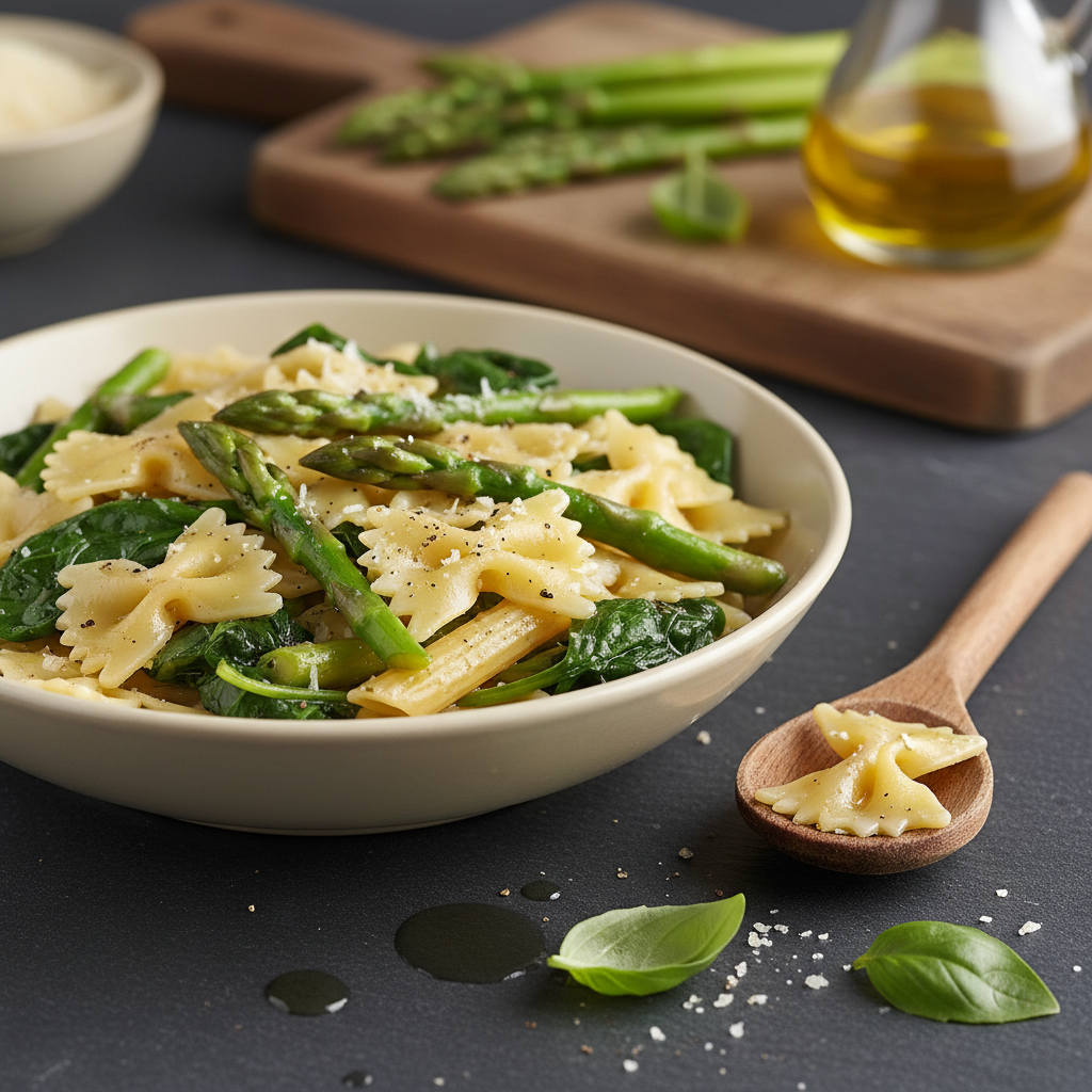 Pâtes simples asperges-épinards à l'huile d'olive