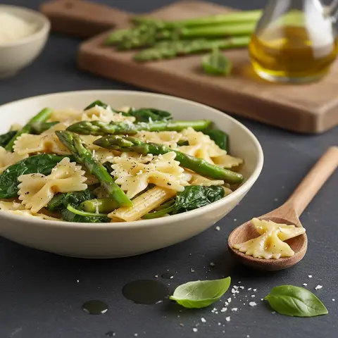 Einfache Nudeln mit Spargel und Spinat in Olivenöl