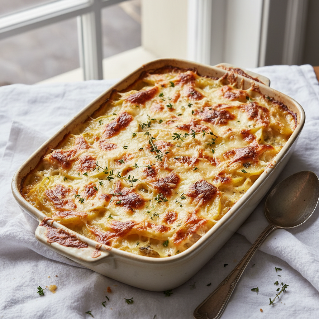Gratin de poulet, pommes de terre et fromage