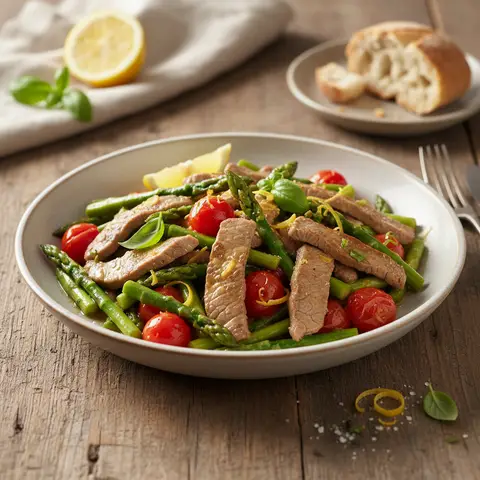 Kalbfleisch im Wok mit Spargel und Zitrone