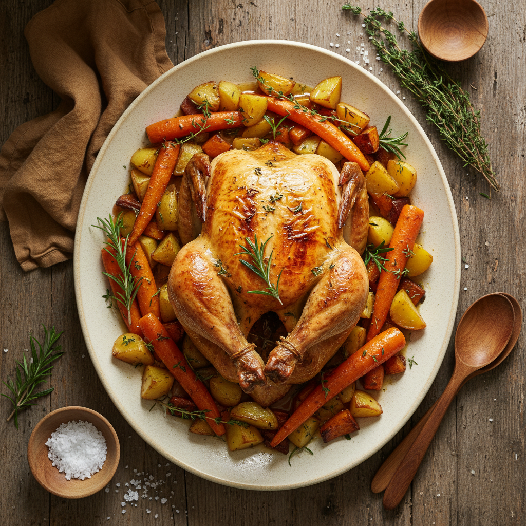 Poulet rôti aux carottes et pommes de terre