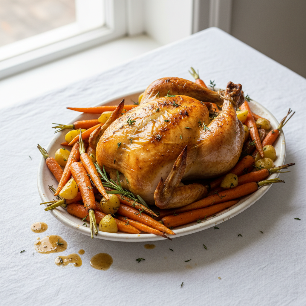 Poulet rôti aux carottes et pommes de terre