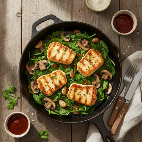 Gegrillter Paneer mit Spinat und Knoblauch-Pilzen