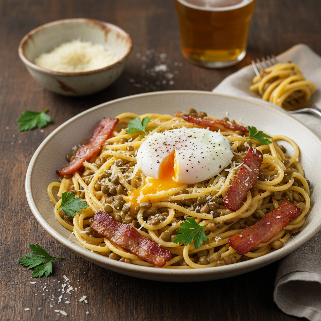 Pâtes à la Carbonara Revisitée avec Lentilles
