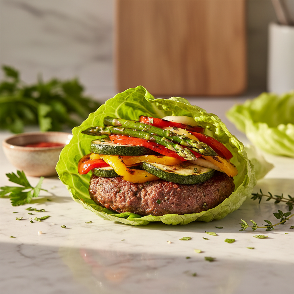 Burger de boeuf sans pain aux legumes grilles