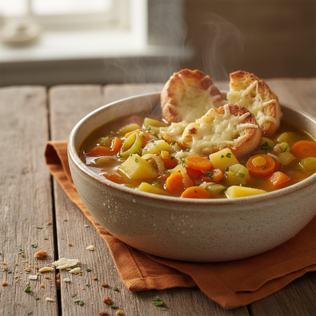 Soupe Réconfortante aux Légumes et Pain Grillé
