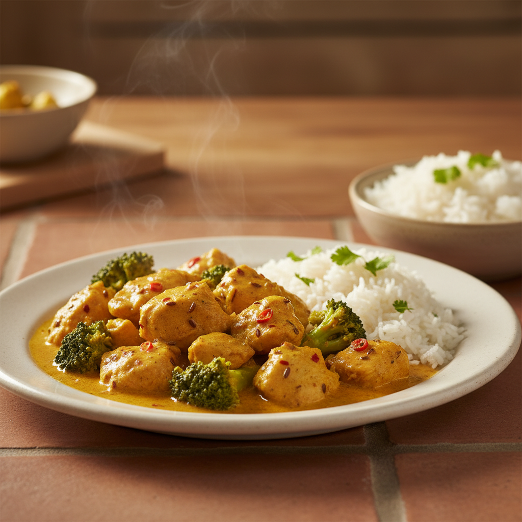 Poulet façon curry rapide avec brocolis et riz