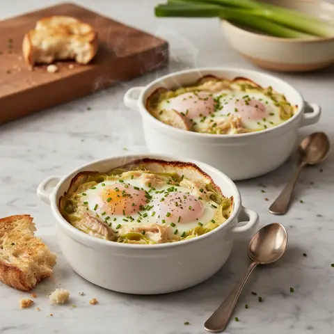 Œufs cocotte au haddock et poireaux