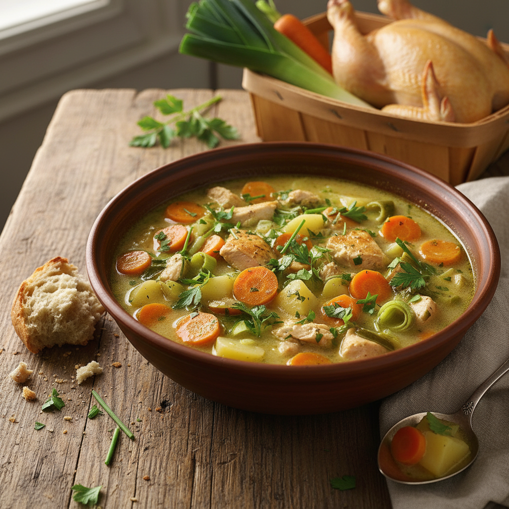 Soupe de poireaux et carottes au poulet