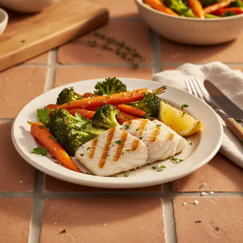Grilled Fish with Roasted Broccoli and Carrots