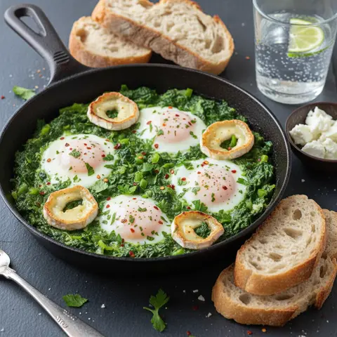Grüne Shakshuka mit Spinat und Ziegenkäse