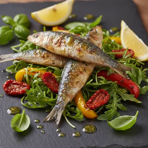 Grilled Sardines Mediterranean Salad