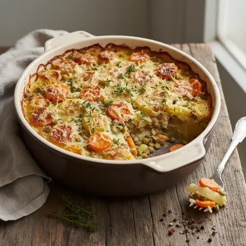 Kartoffel-, Möhren- und Linsen-Gratin