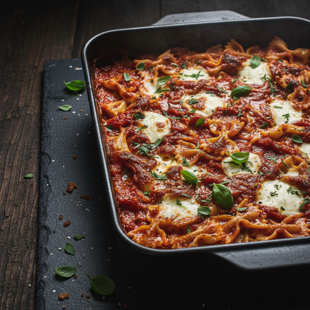 Gratin de farfalles à la tomate et mozzarella