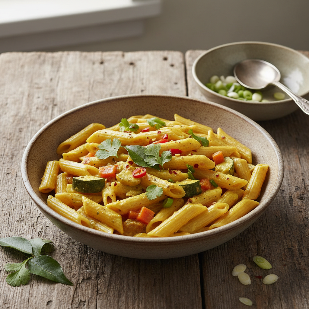 Penne au curry et lait de coco