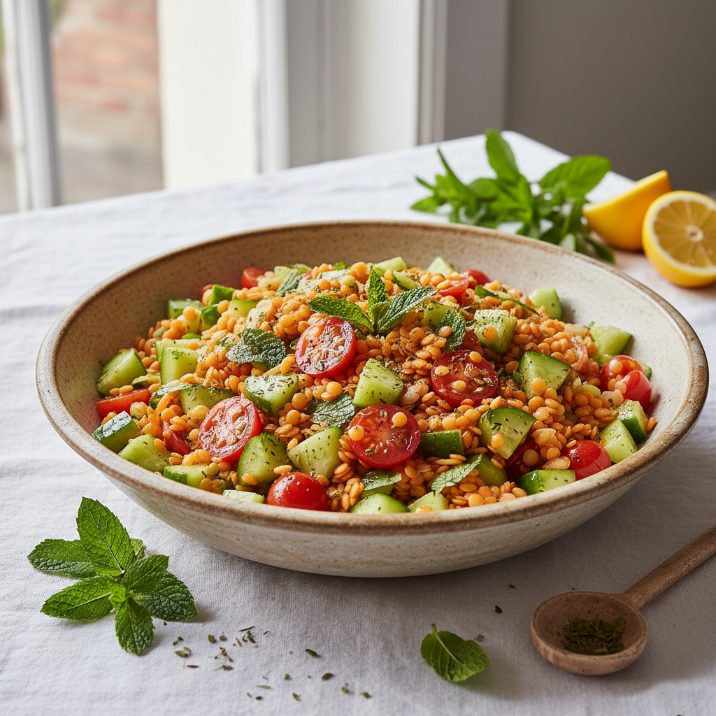 Salade libanaise de lentilles corail et concombre à la menthe