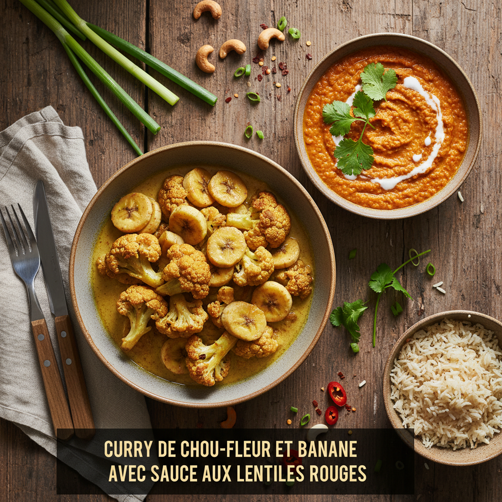 Curry de Chou-fleur et Banane avec Sauce aux Lentilles Rouges