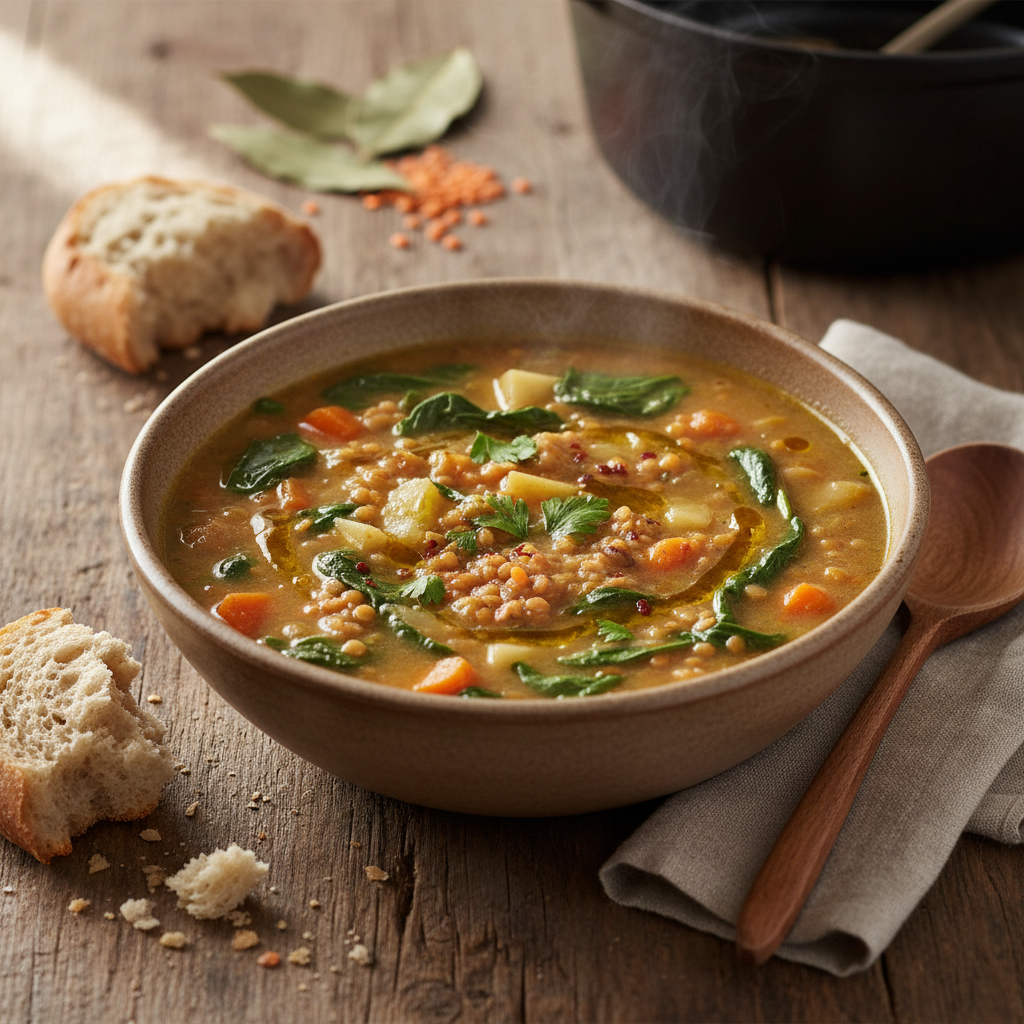 Soupe aux lentilles et épinards