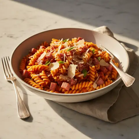 Pasta with Tomato, Ham and Parmesan Sauce