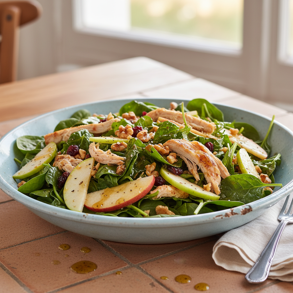 Salade Gourmande Pommes, Épinards et Poulet Rôti