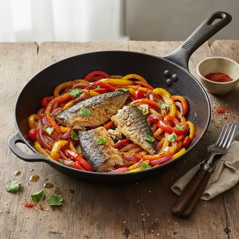 Pan-Seared Mackerel with Cumin, Bell Peppers and Onions