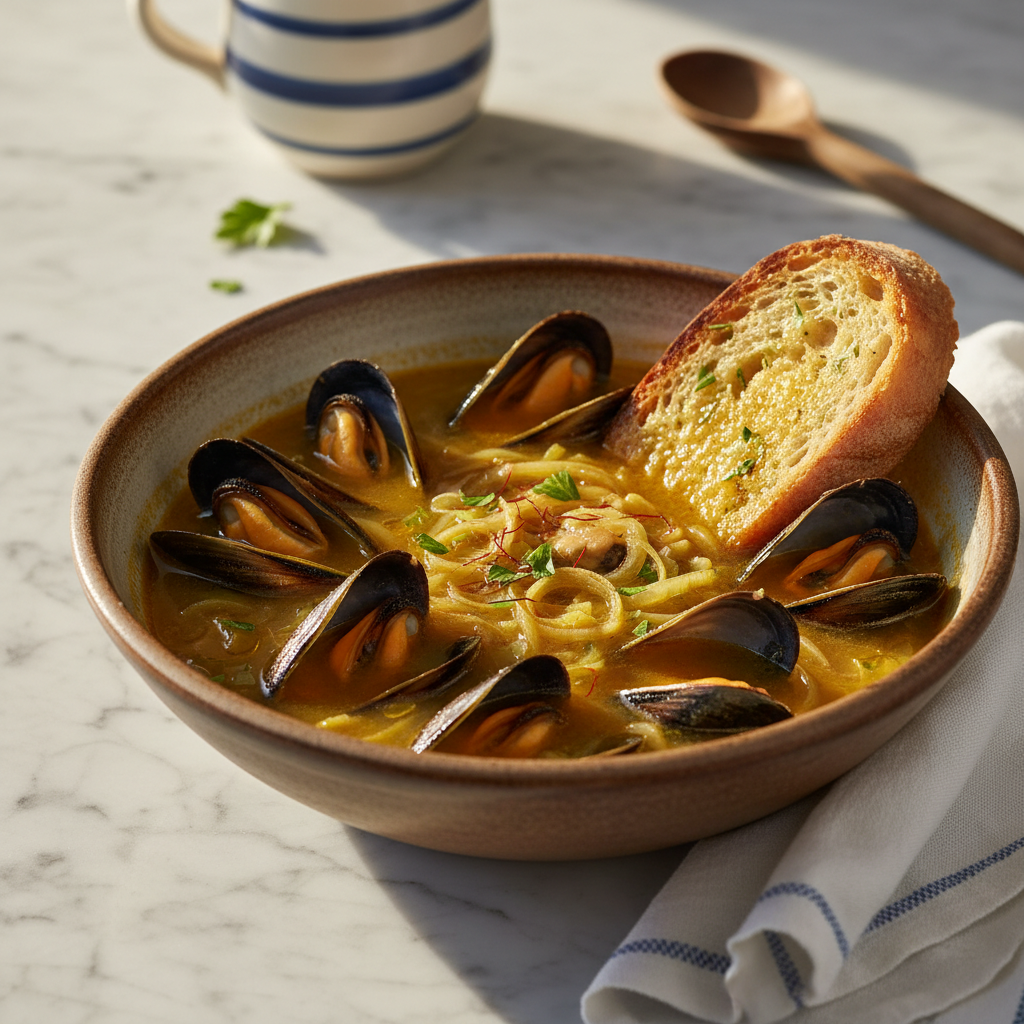 Soupe de moules au safran et poireaux