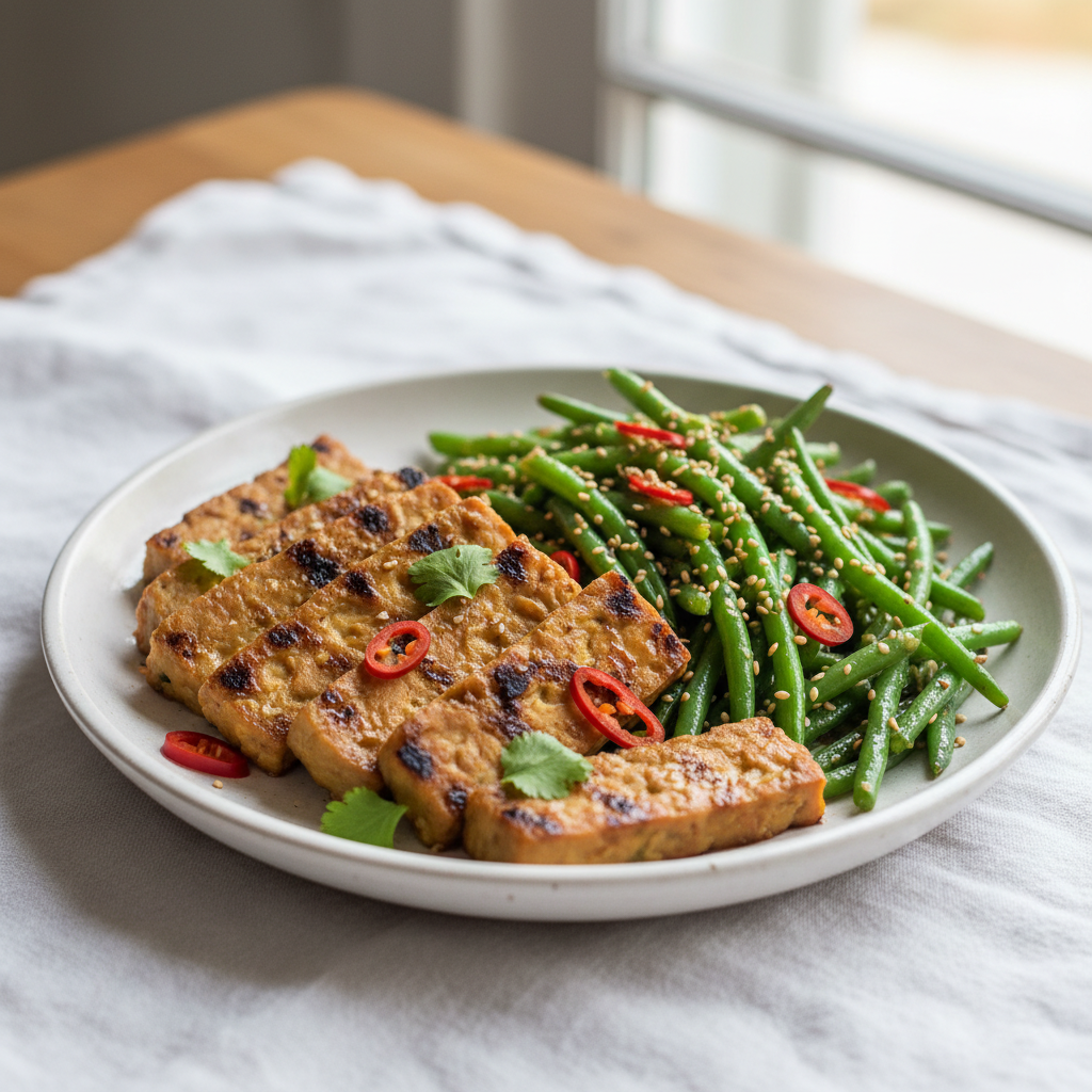 Tempeh grillé à la citronnelle et haricots verts