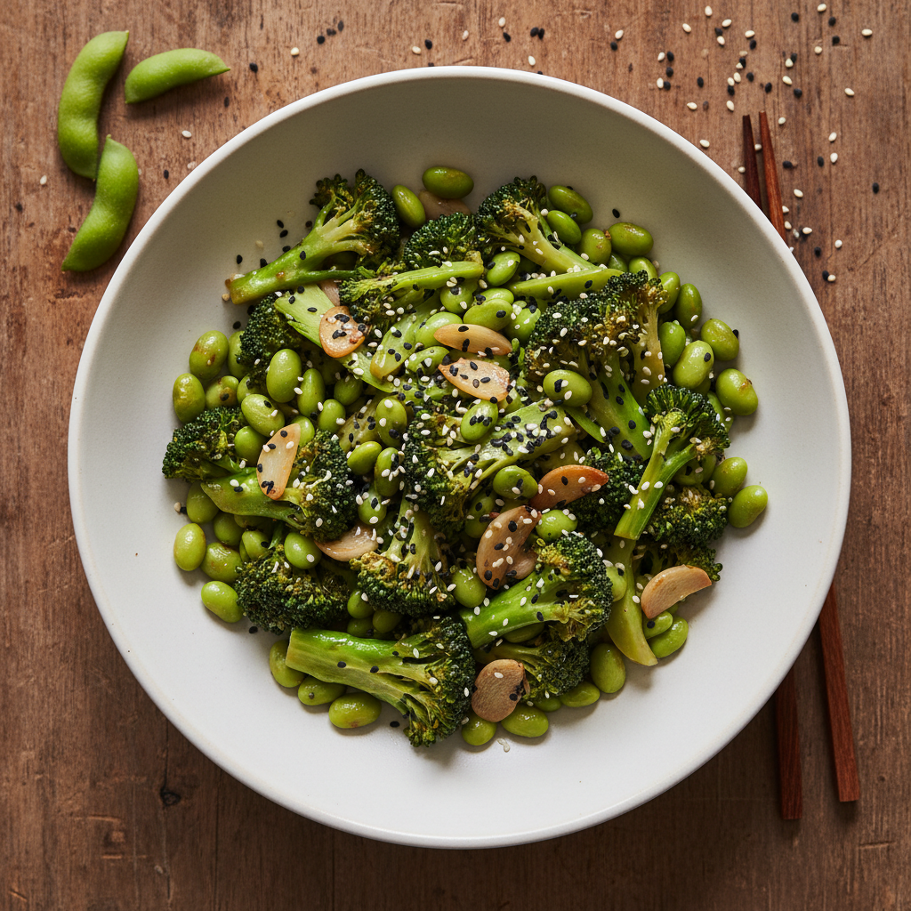 Wok d'edamame et brocolis au sésame noir
